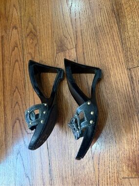 Charles David Black Open-Toe Mule Heels with Gold Stud Accents